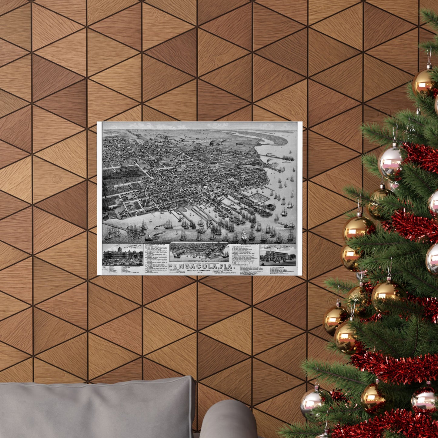 1885 Pensacola Escambia County Seat High Detail Map Poster - Black & White
