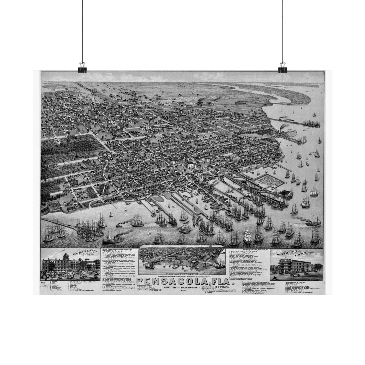 1885 Pensacola Escambia County Seat High Detail Map Poster - Black & White