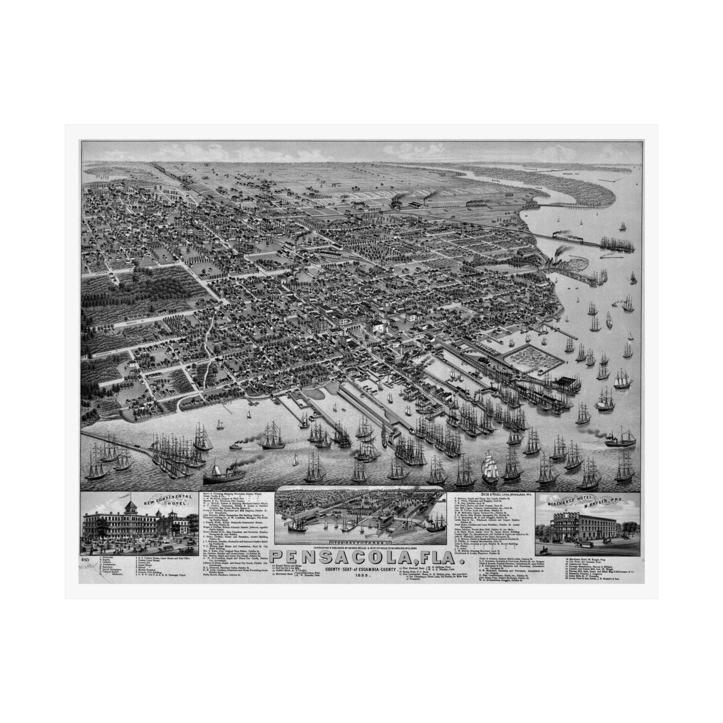 1885 Pensacola Escambia County Seat High Detail Map Poster - Black & White
