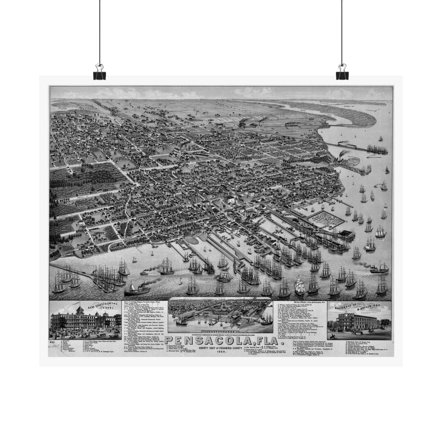 1885 Pensacola Escambia County Seat High Detail Map Poster - Black & White