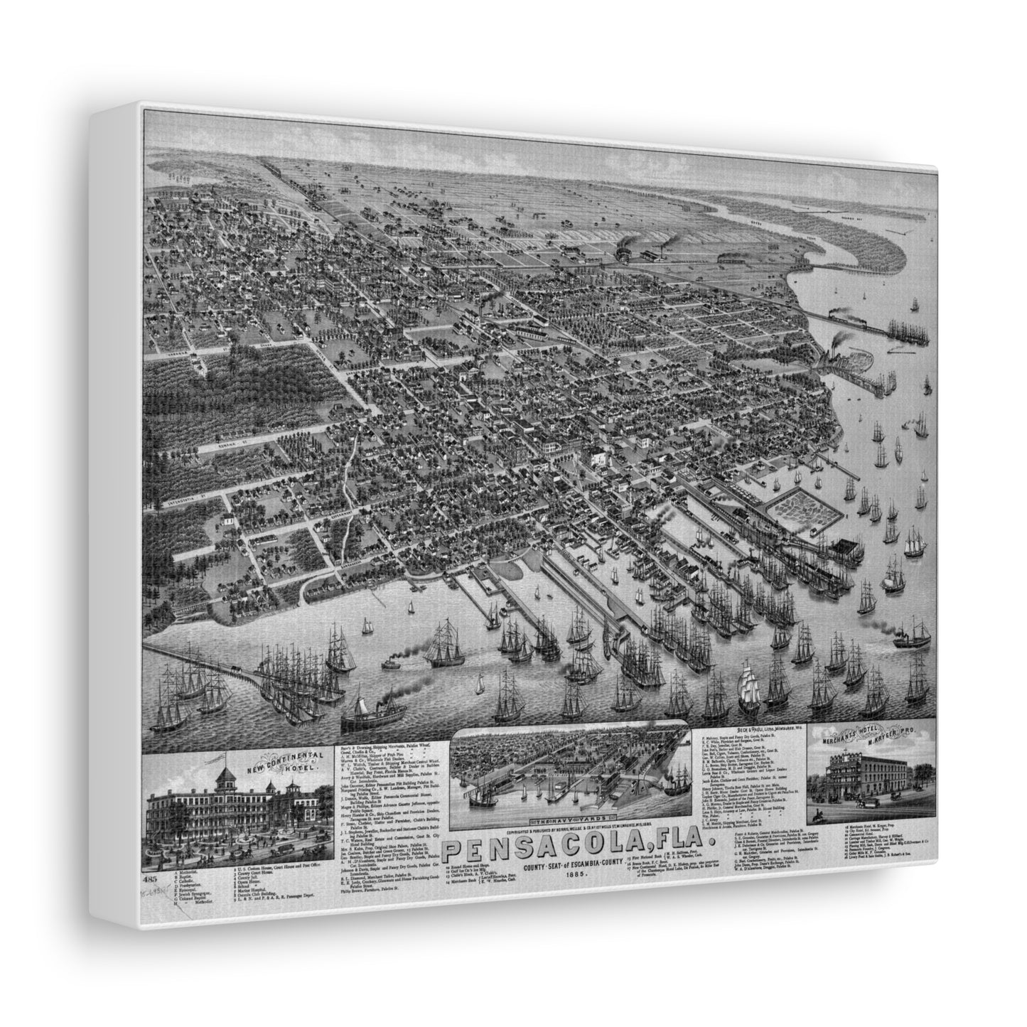 1885 Pensacola Escambia County Seat High Detail Map Canvas Wrap - Black & White