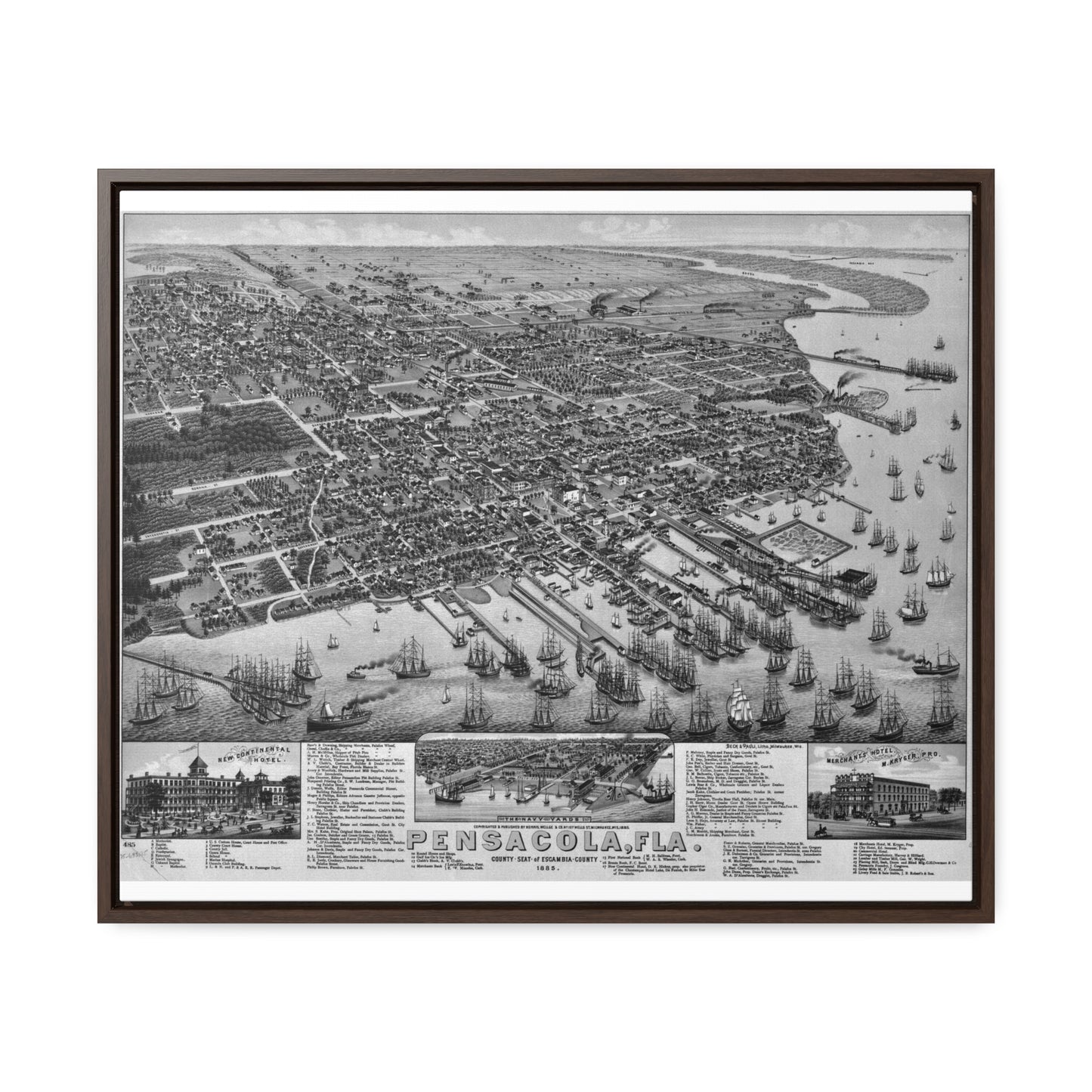 Framed 1885 Pensacola Escambia County Seat High Detail Map - Black & White