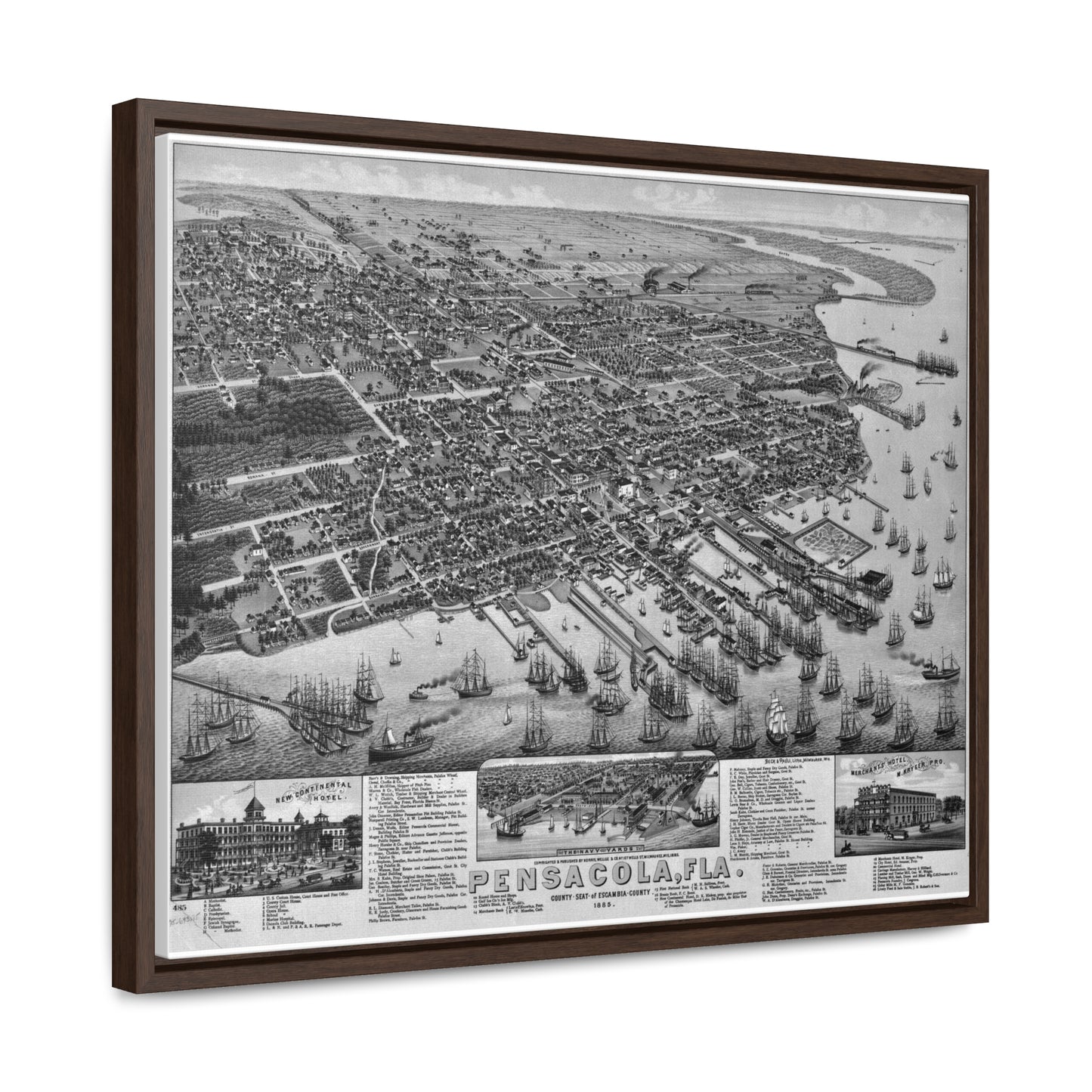 Framed 1885 Pensacola Escambia County Seat High Detail Map - Black & White