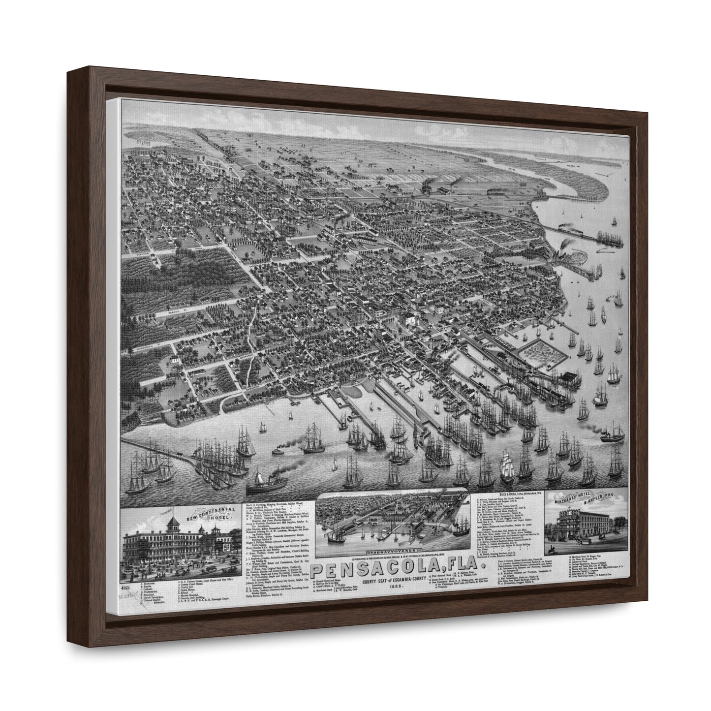 Framed 1885 Pensacola Escambia County Seat High Detail Map - Black & White