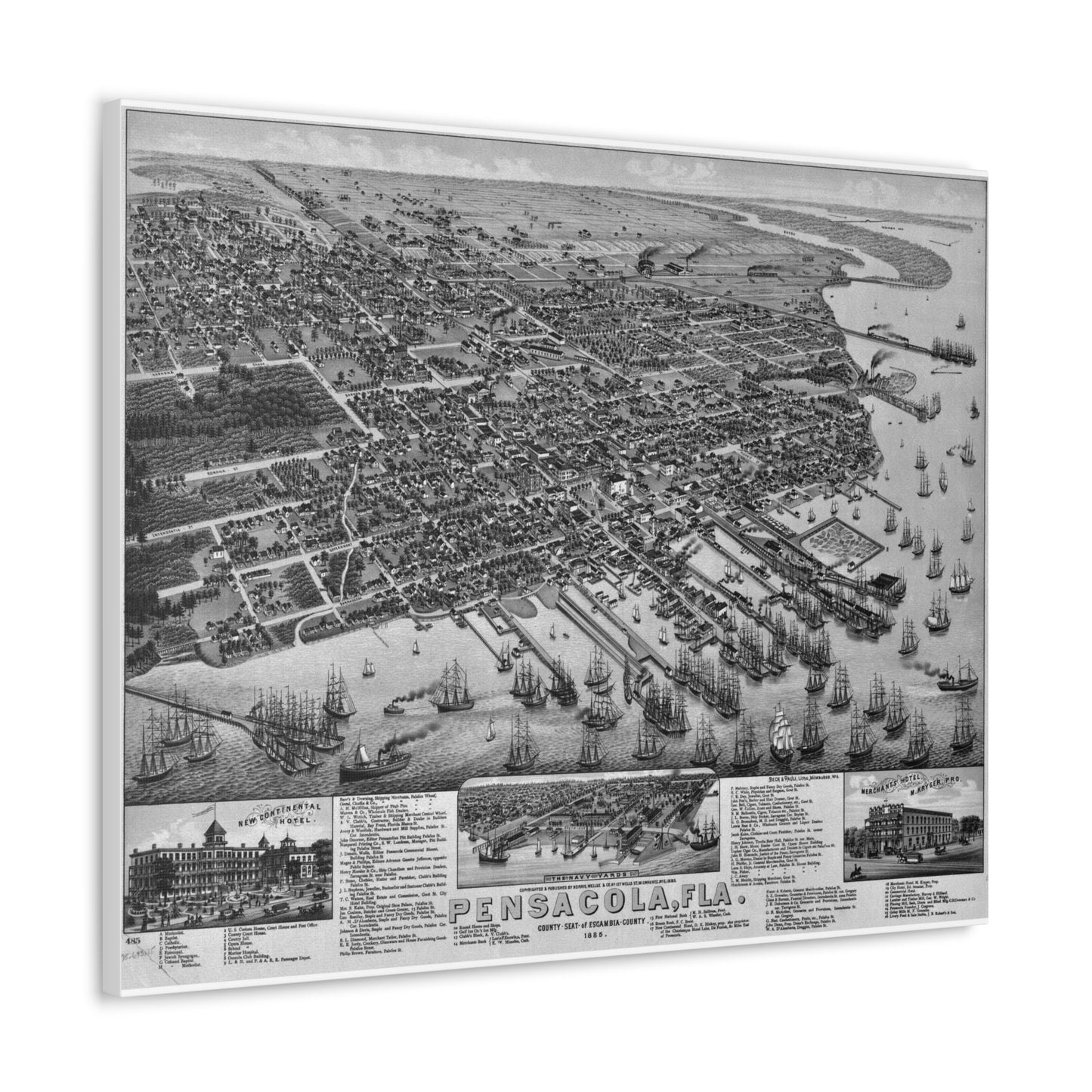 1885 Pensacola Escambia County Seat High Detail Map Canvas Wrap - Black & White