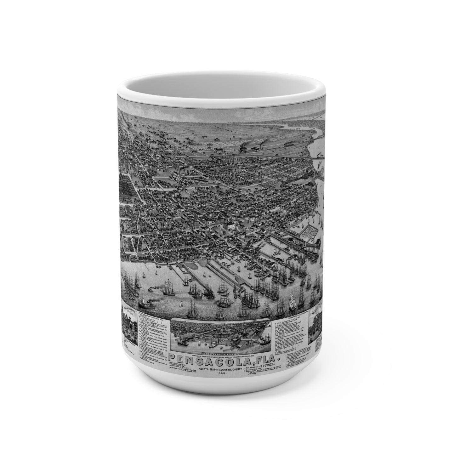 1885 Pensacola Escambia County Seat High Detail Map 15oz Coffee Mug - Black & White