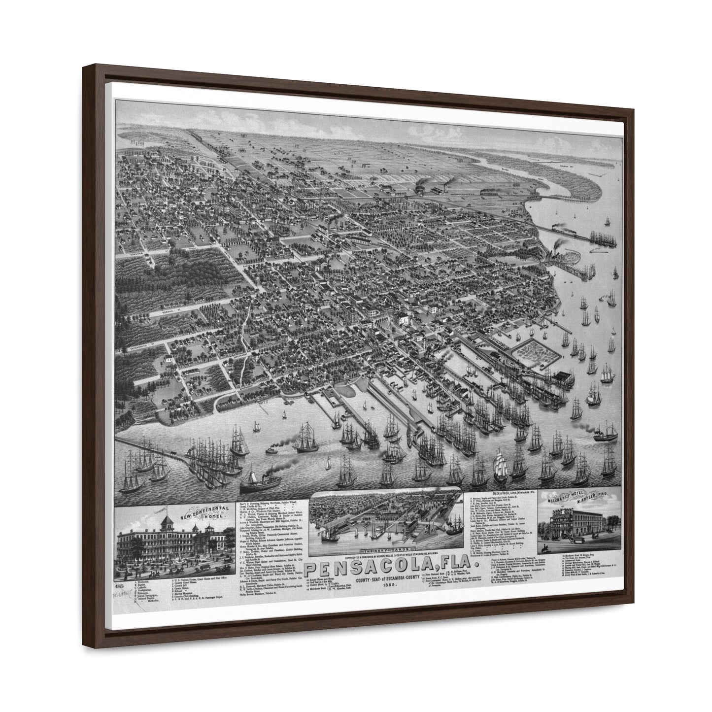 Framed 1885 Pensacola Escambia County Seat High Detail Map - Black & White