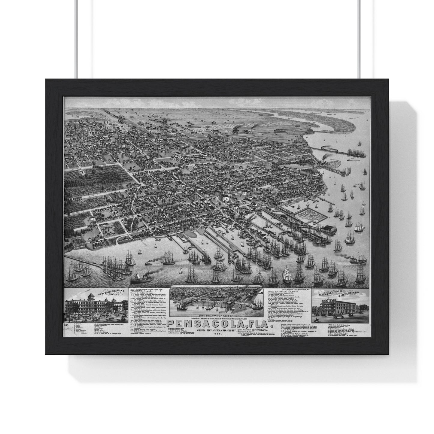 Wood Framed 1885 Pensacola Escambia County Seat High Detail Map - Black & White