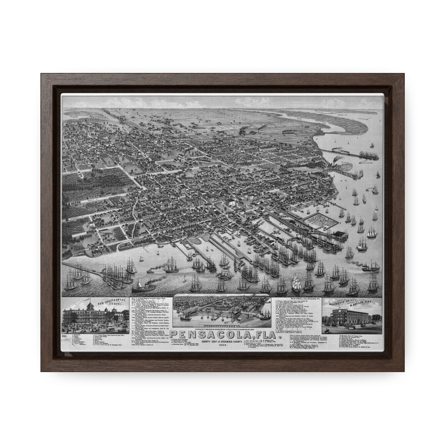 Framed 1885 Pensacola Escambia County Seat High Detail Map - Black & White