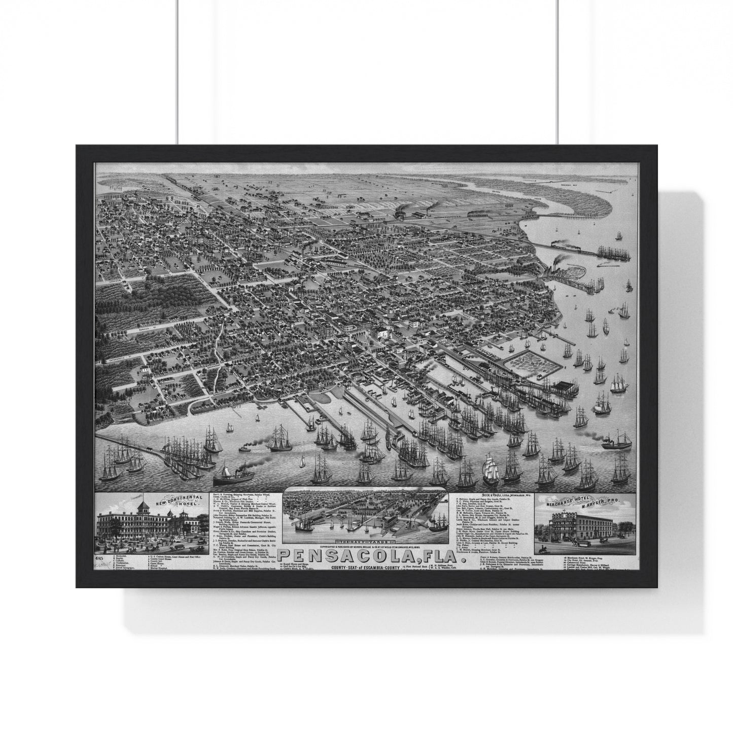 Wood Framed 1885 Pensacola Escambia County Seat High Detail Map - Black & White