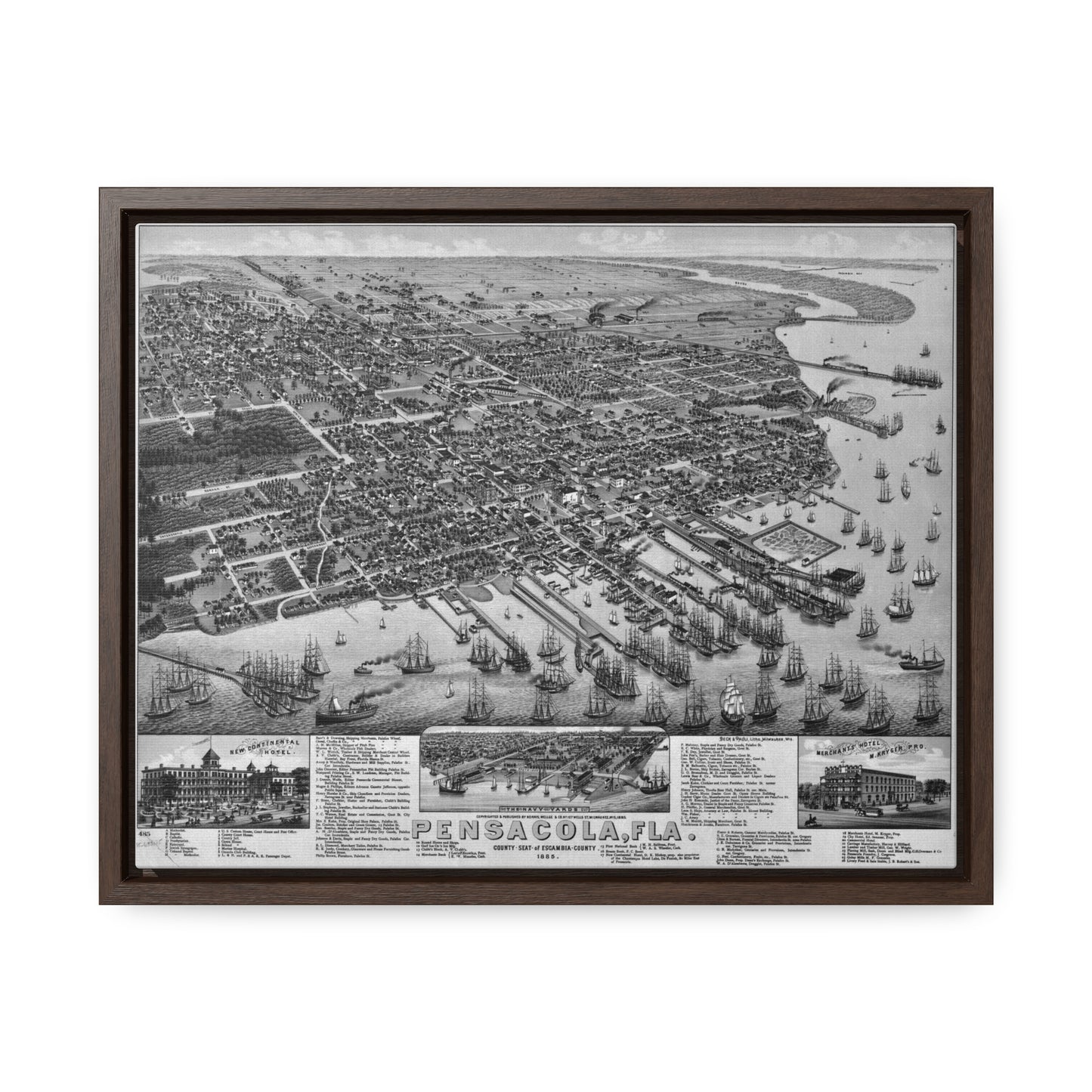 Framed 1885 Pensacola Escambia County Seat High Detail Map - Black & White