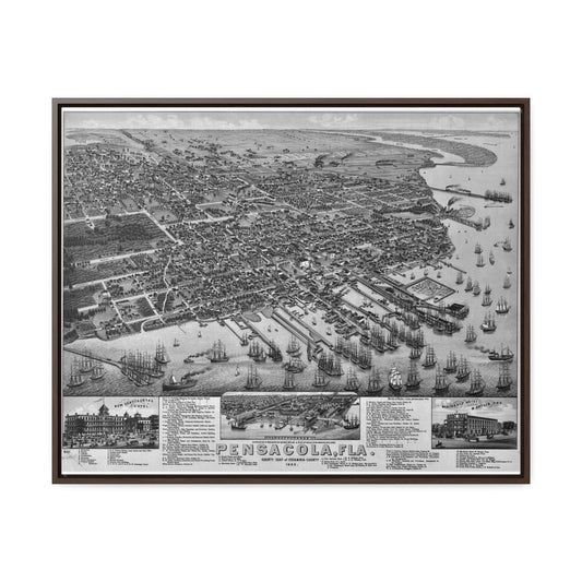 Framed 1885 Pensacola Escambia County Seat High Detail Map - Black & White