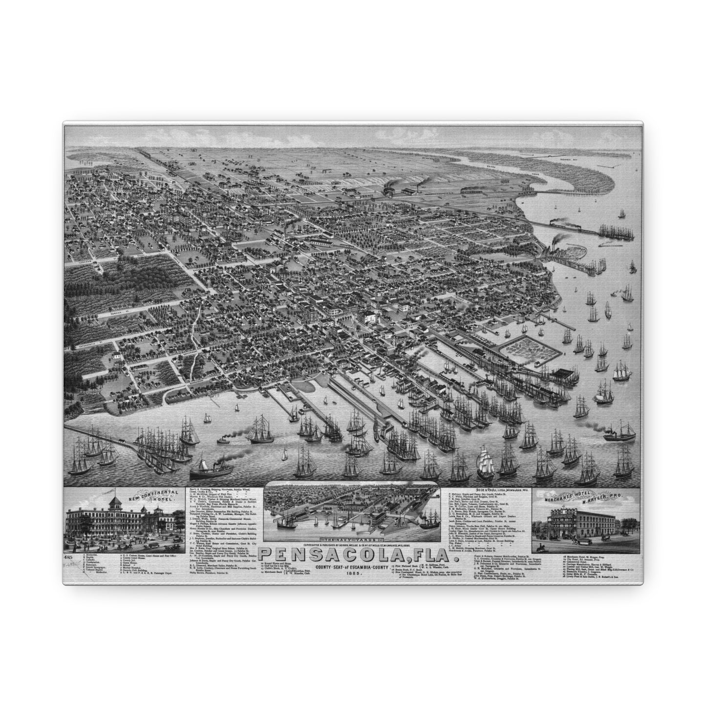 1885 Pensacola Escambia County Seat High Detail Map Canvas Wrap - Black & White