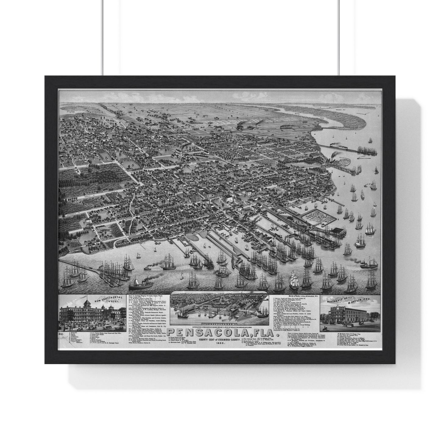 Wood Framed 1885 Pensacola Escambia County Seat High Detail Map - Black & White