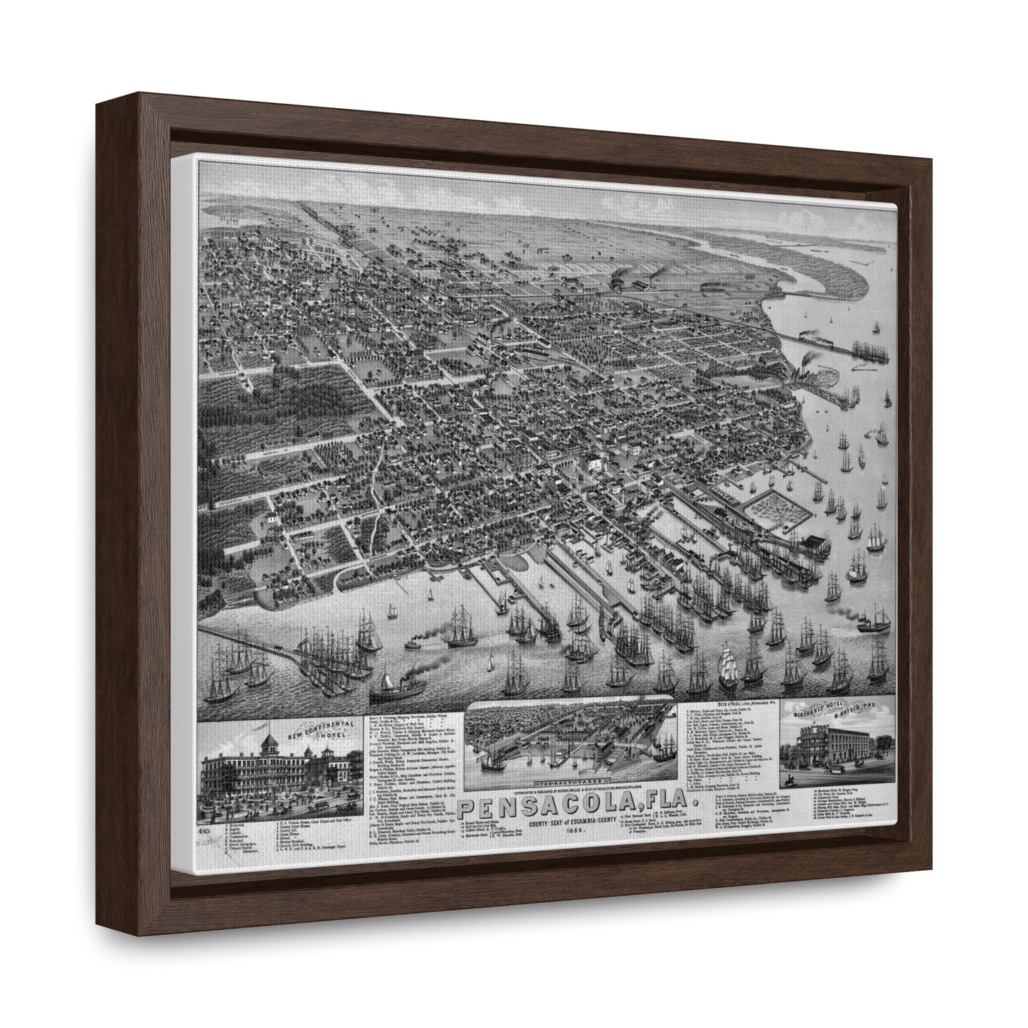 Framed 1885 Pensacola Escambia County Seat High Detail Map - Black & White