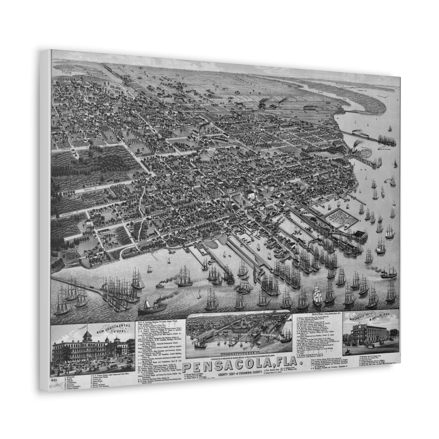 1885 Pensacola Escambia County Seat High Detail Map Canvas Wrap - Black & White