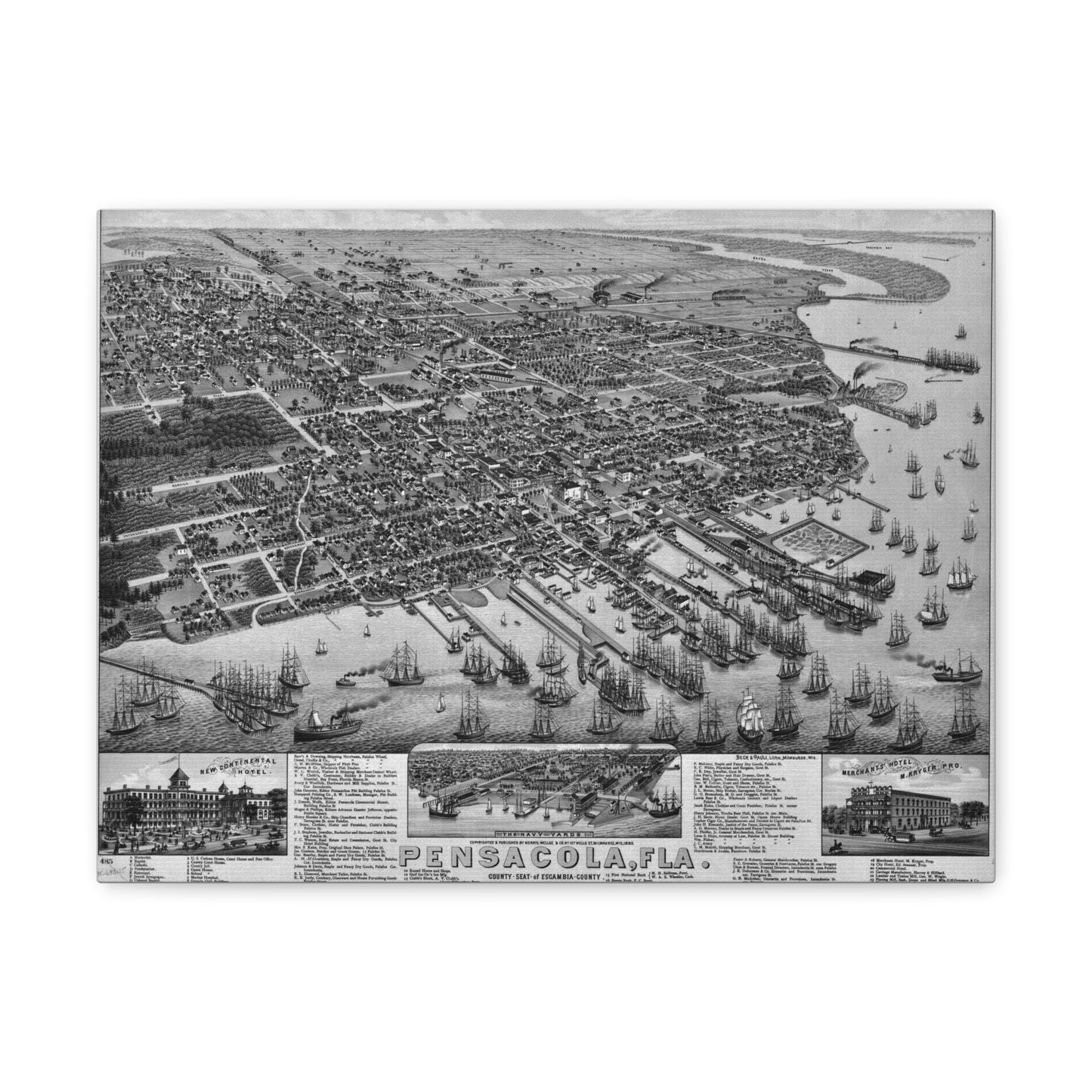 1885 Pensacola Escambia County Seat High Detail Map Canvas Wrap - Black & White