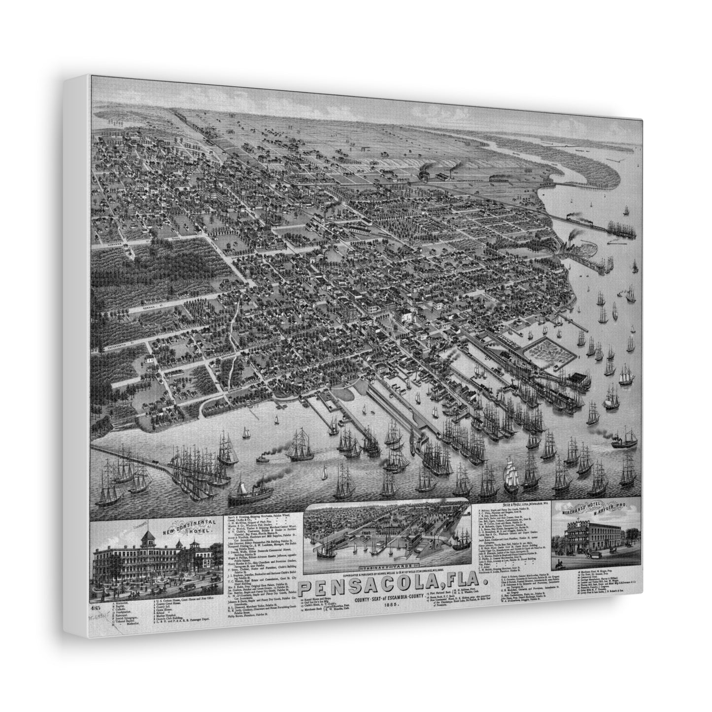 1885 Pensacola Escambia County Seat High Detail Map Canvas Wrap - Black & White