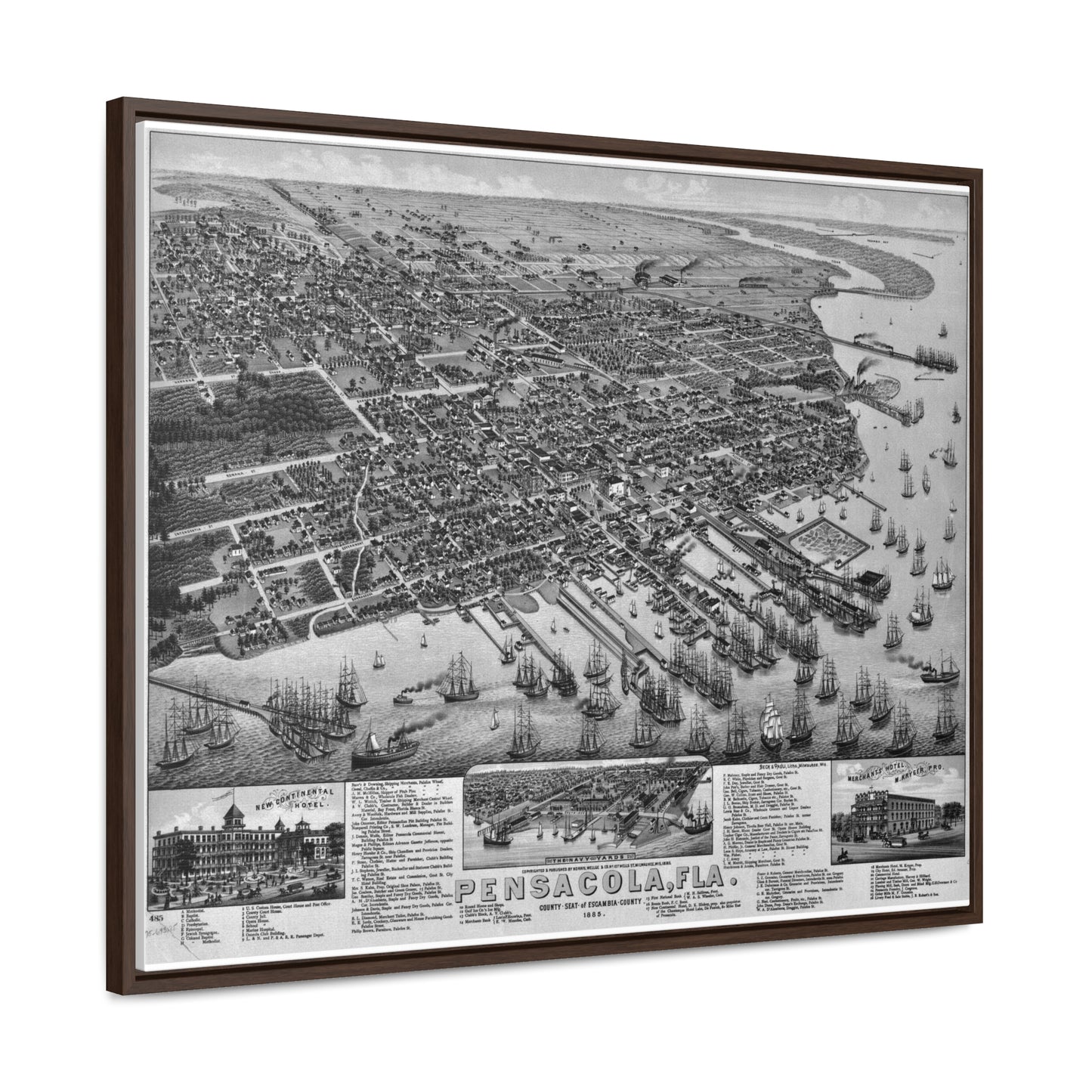 Framed 1885 Pensacola Escambia County Seat High Detail Map - Black & White