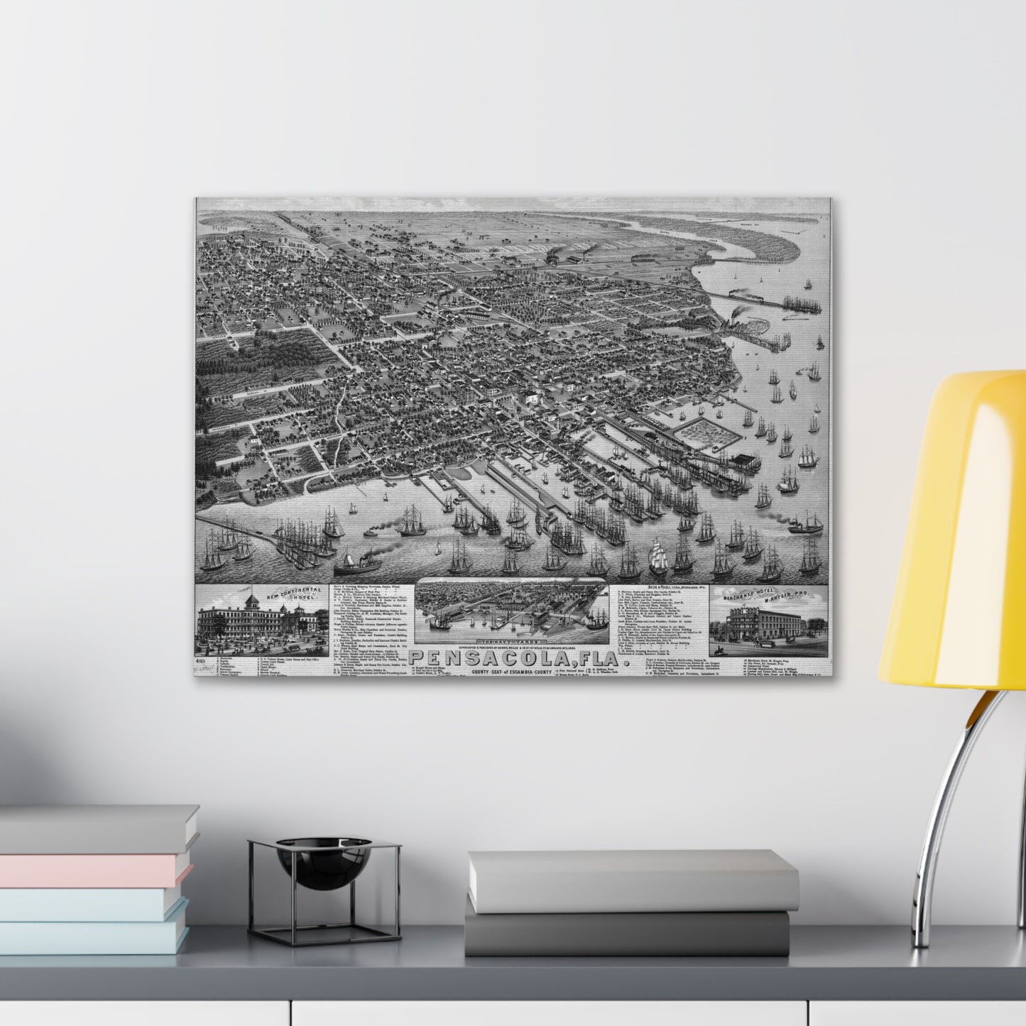 1885 Pensacola Escambia County Seat High Detail Map Canvas Wrap - Black & White