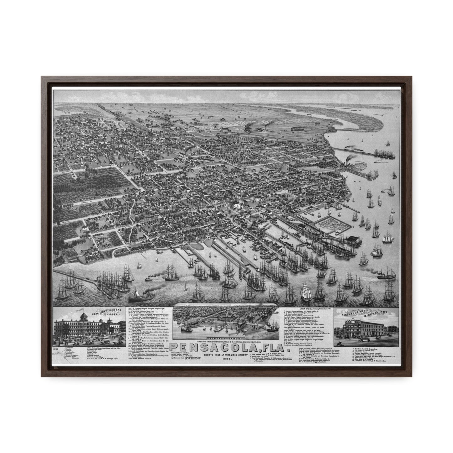 Framed 1885 Pensacola Escambia County Seat High Detail Map - Black & White