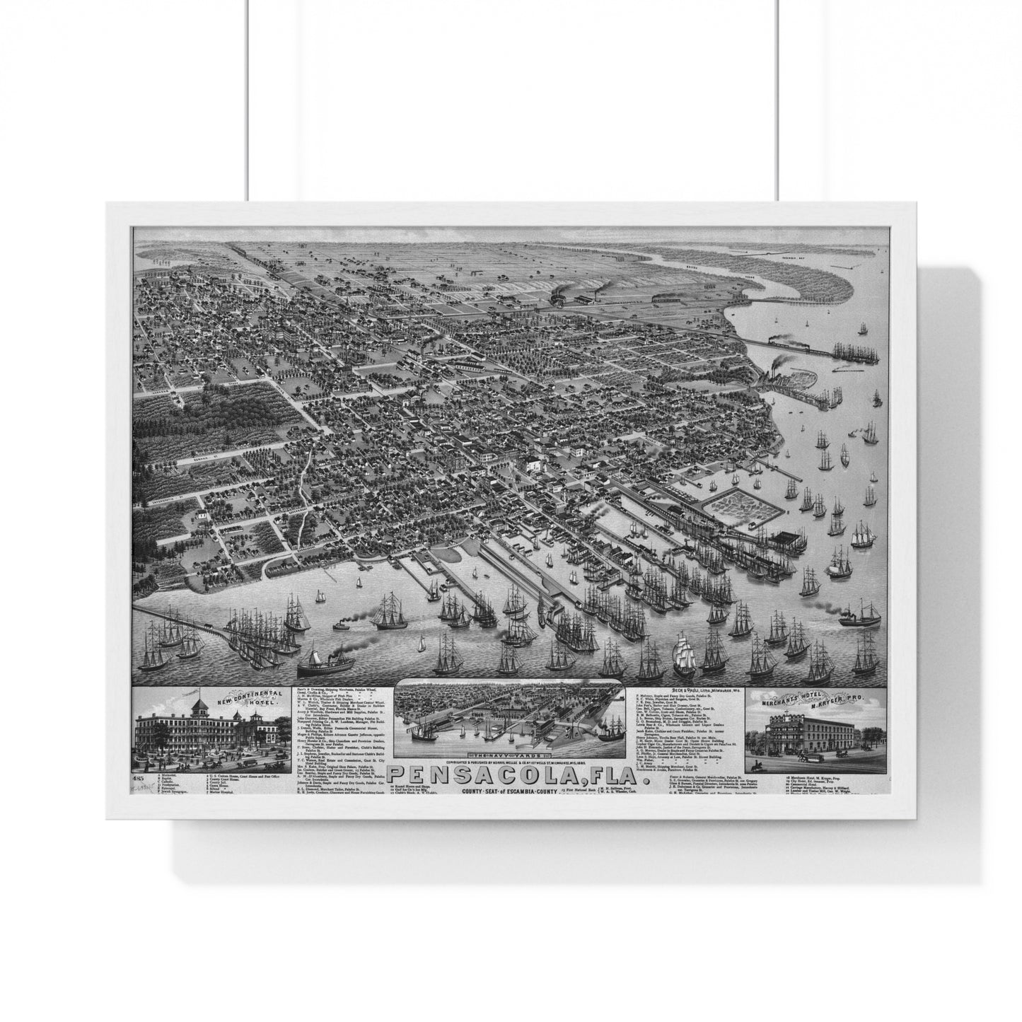 Wood Framed 1885 Pensacola Escambia County Seat High Detail Map - Black & White